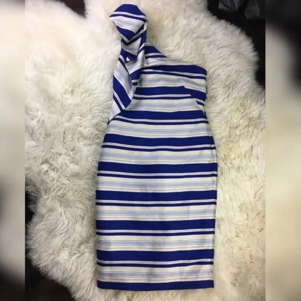 New Banana republic one shoulder large bow striped print dress satin party chic - Picture 3 of 8